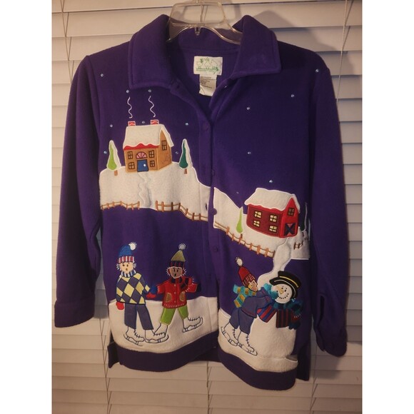Vintage Quacker Factory XS Cardigan Jacket Purple Fleece Winter Holiday Grandma - Picture 1 of 5